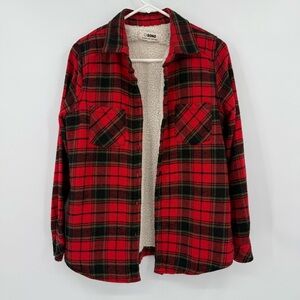 Ci Sono Sherpa Lined Plaid Flannel Jacket Red/Black, Camping Gorpcore Cabincore
